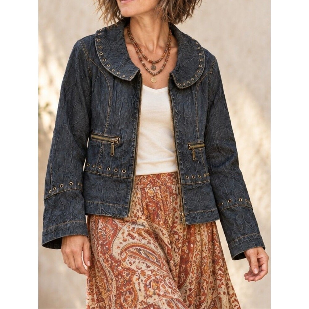 Dark Wash Denim Jacket L Grommet Collar Zip Front Edgy Bohemian Artsy Whimsical